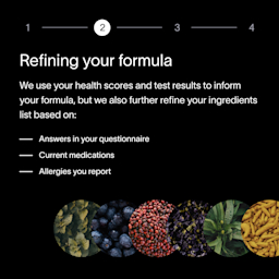 A black box with a description about how each Viome Precision Supplement formula is carefully crafted and refined based on customer health scores and test results