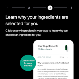 A black box with a description about how a customer’s Precision Supplement ingredients are personalized, alongside a picture of a smartphone screen showing how customers can find information on their ingredients in the Viome app