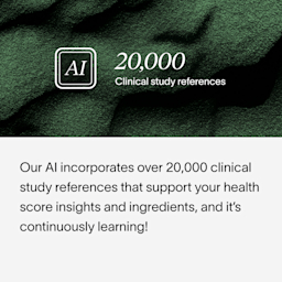 An image and text block showing how Viome AI is always growing, and has over 20,000 references to clinical studies to enforce customer test results, including score insights and ingredients