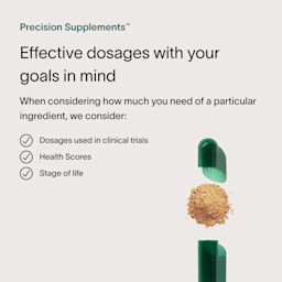 A tan text box informing customers how Viome Precision Supplements are designed with effective dosages, paired with an image of an opened green supplement capsule