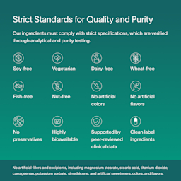 A dark green block of text describing Viome’s strict standards for quality and purity, including compliant ingredients, purity-testing, and related factors associated with Precision Supplements